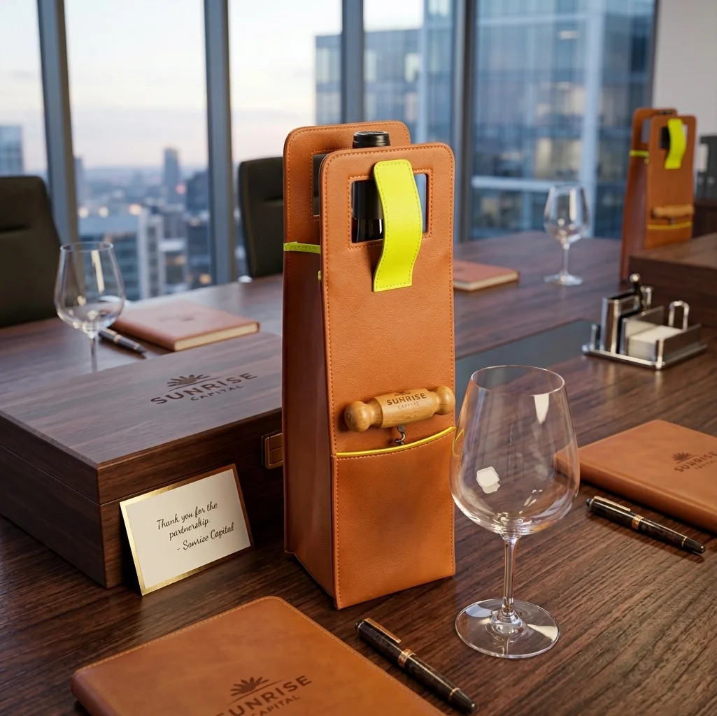 Accesorios de cuero reunidos en un kit corporativo