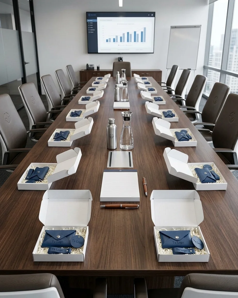 Mesa de reunión preparada para una entrega corporativa